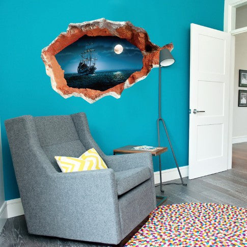 3D Amazing Pirate Ship Breaking Through Wall Decal