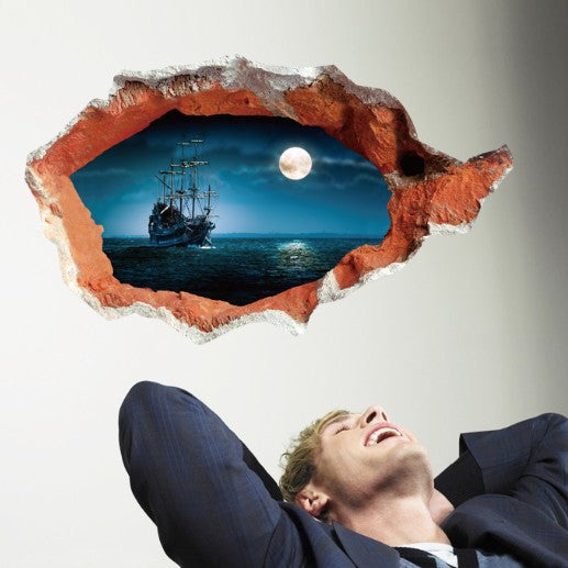3D Amazing Pirate Ship Breaking Through Wall Decal