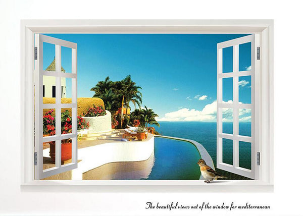 3D Beach Sea Window Scenery Wall Decals