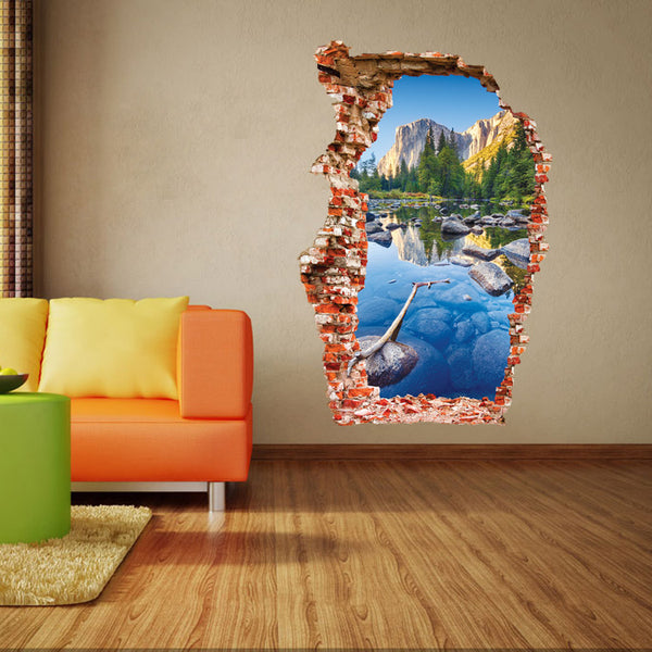 3D Colorful Pond Mountain Scene Broken Wall Decal