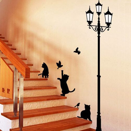 Vintage Street Lamp With Playful Cats And Birds Wall Mural