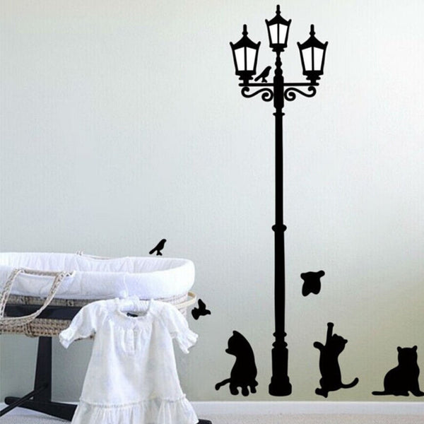 Vintage Street Lamp With Playful Cats And Birds Wall Mural