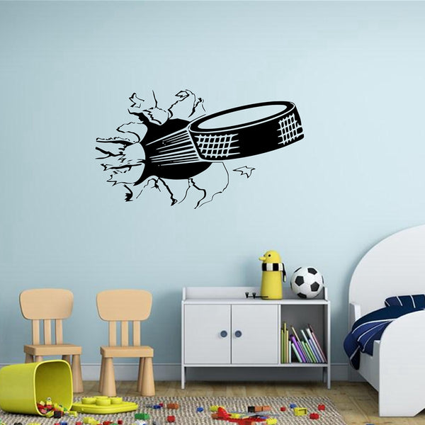 Sweet Hockey Puck Ripping Through Wall Decal