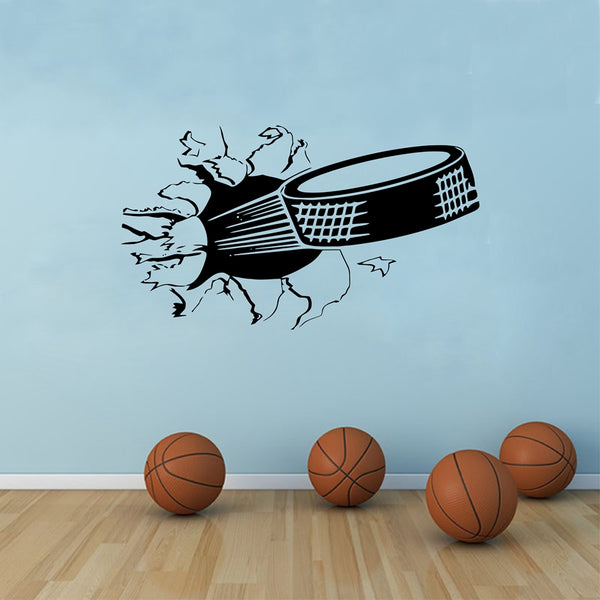 Sweet Hockey Puck Ripping Through Wall Decal