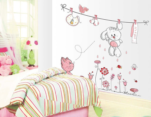 Pink Cartoon Cat Rabbit Flower Teddy Bear Wall Decal