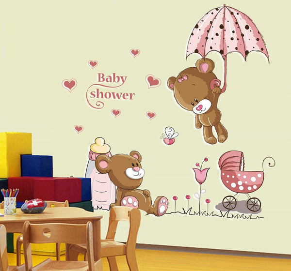 Pink Cartoon Cat Rabbit Flower Teddy Bear Wall Decal