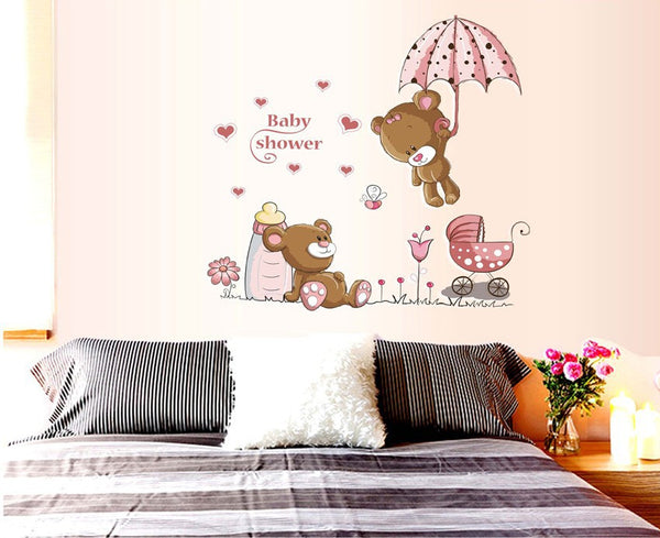 Pink Cartoon Cat Rabbit Flower Teddy Bear Wall Decal