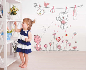 Pink Cartoon Cat Rabbit Flower Teddy Bear Wall Decal