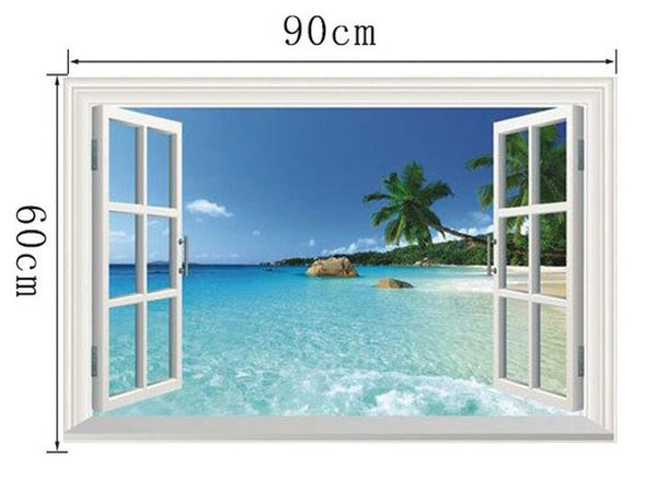 3D Beach Sea Window Scenery Wall Decals